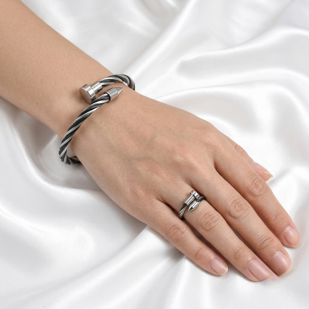 Twisted Nail Bangle & Ring – Silver & Black