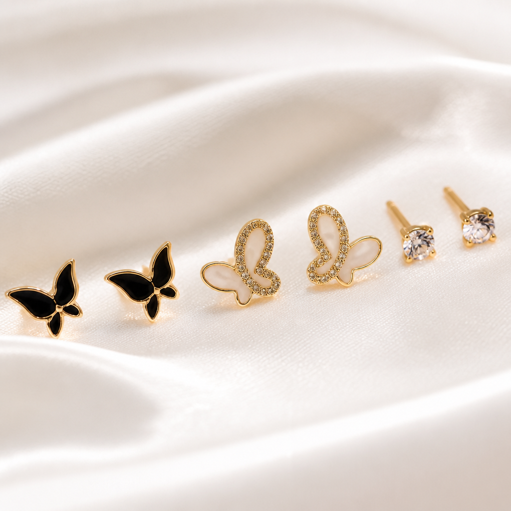 Monochrome Butterfly Gold Set Earrings