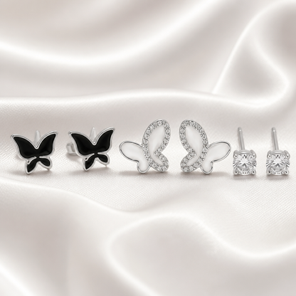 Monochrome Butterfly Set Silver Earrings