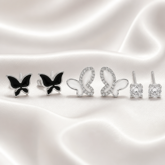 Monochrome Butterfly Set Silver Earrings