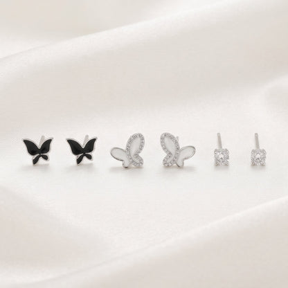 Monochrome Butterfly Set Silver Earrings