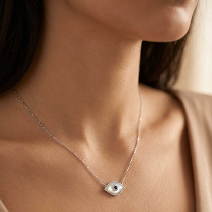 Pearl Evil Eye Silver Necklace
