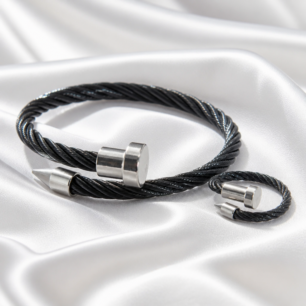 Twisted Nail Bangle & Ring – Black
