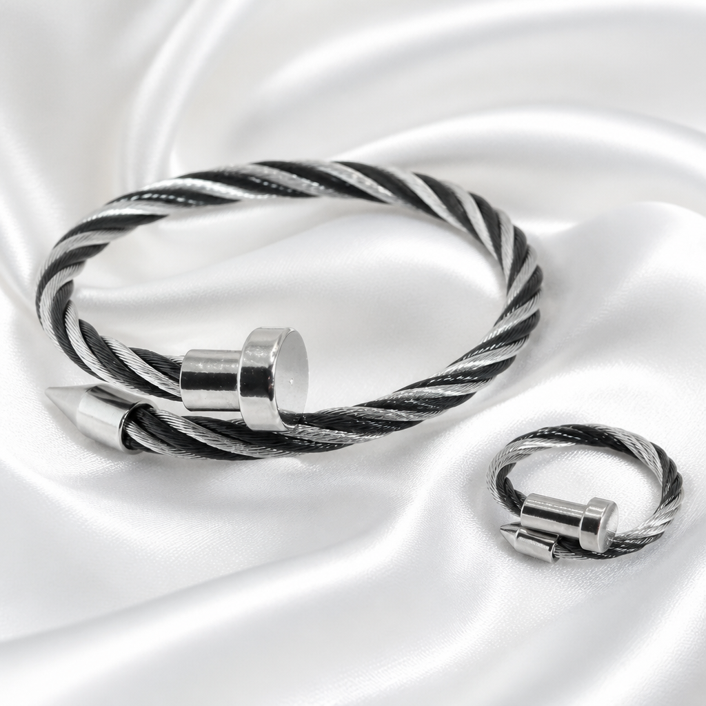Twisted Nail Bangle & Ring – Silver & Black