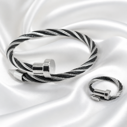 Twisted Nail Bangle & Ring – Silver & Black
