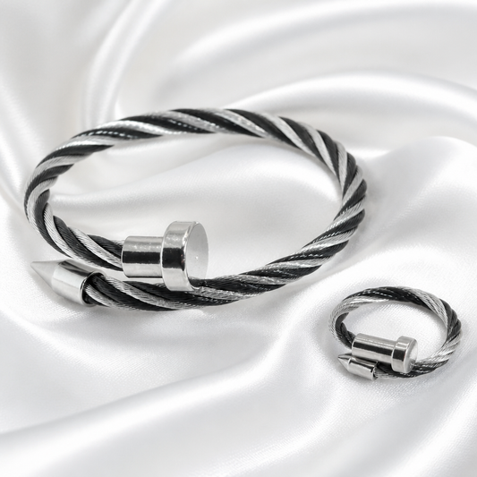 Twisted Nail Bangle & Ring – Silver & Black